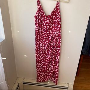 Red and white floral dress with tulip hem